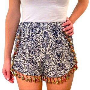 Bohemian Tassel Fringe Shorts Elastic Waist Blue Multicolor Floral Pattern White